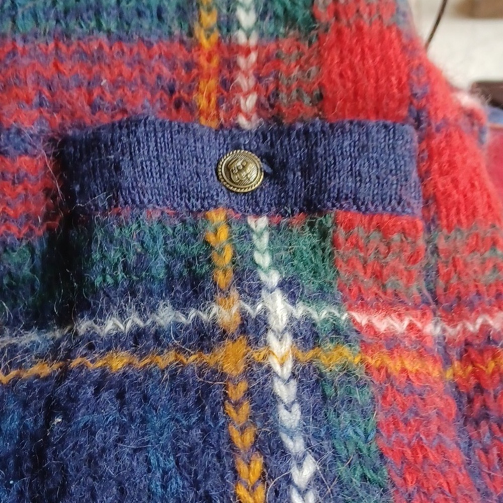 Vintage Cape Isle Plaid Mohair Blend Knit Cardigan - Navy / Red green, 24”PTP - Picture 8 of 8